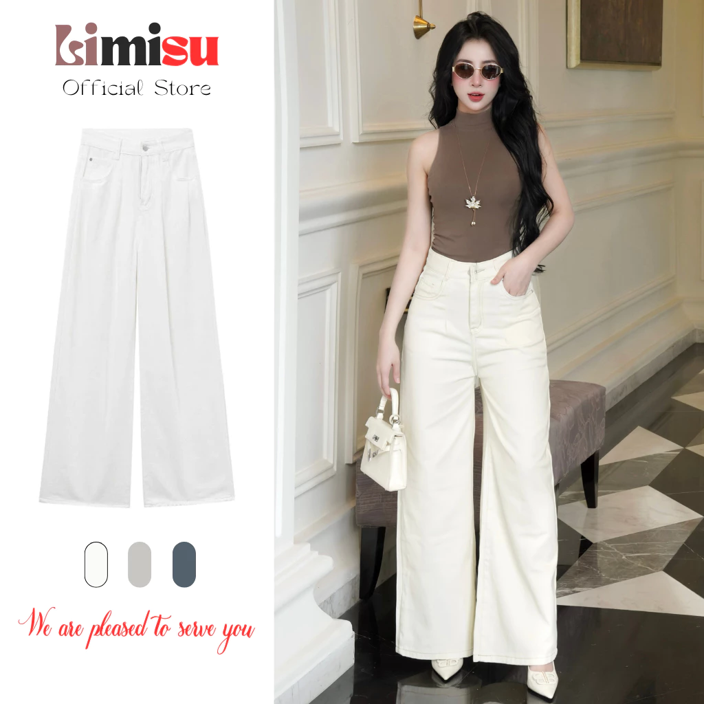 Quần Jean Nữ Ống Rộng Màu Trắng Lưng Cao LIMISU Quần Bò Jean Ống Suông Rộng Xếp Ly Jean Denim Mềm Ôm Eo Tôn Dáng