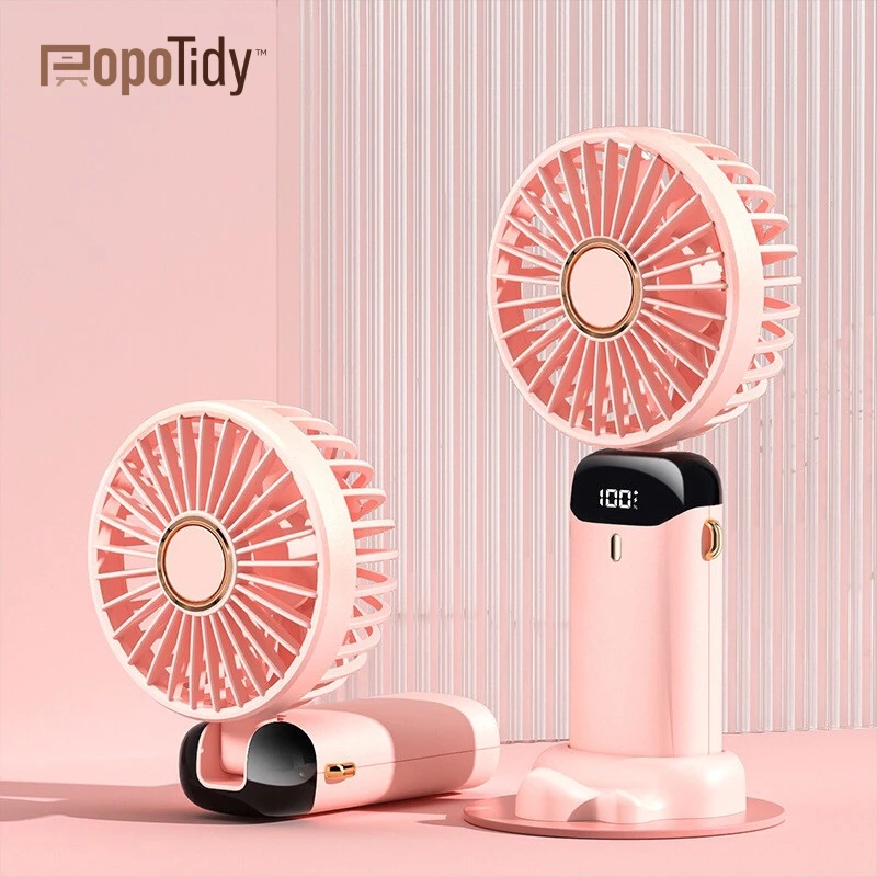 Popotidy Quạt cầm tay tích điện dung lượng pin khủng, 5 cấp độ gió, màn hình LED thông minh
