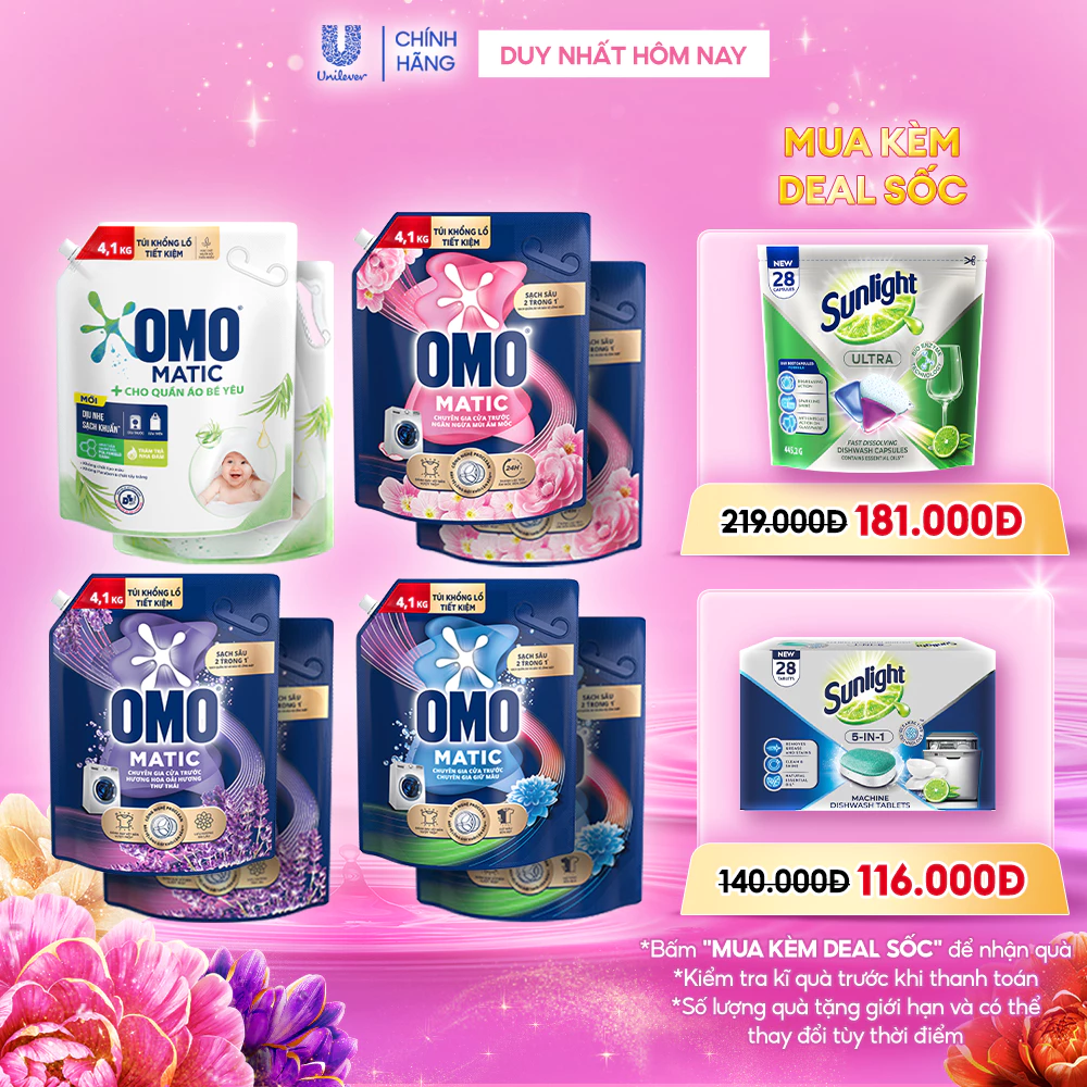 Combo 2 Túi Nước giặt OMO Matic Cửa trước 4,1kg/túi