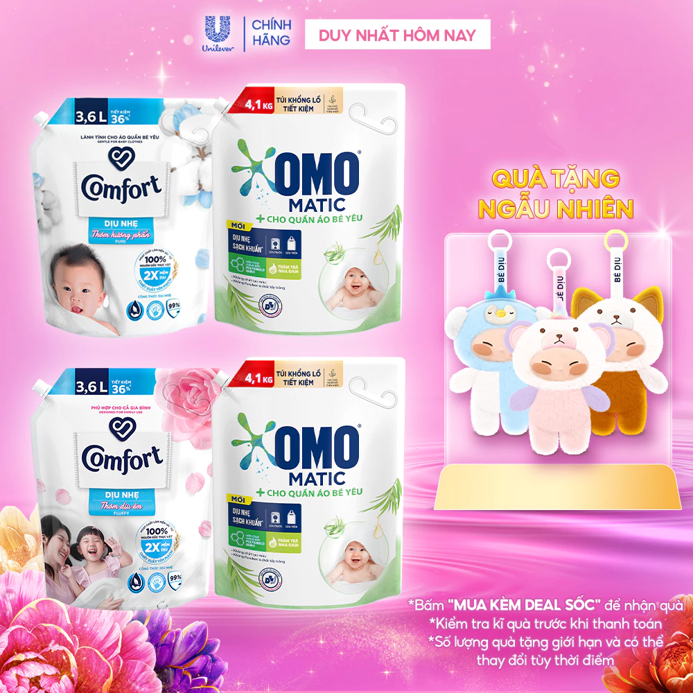 Combo Túi Nước Giặt Omo Matic Cho quần áo bé yêu 4,1kg + Nước Xả Vải Comfort Dịu Nhẹ Túi 3,6L