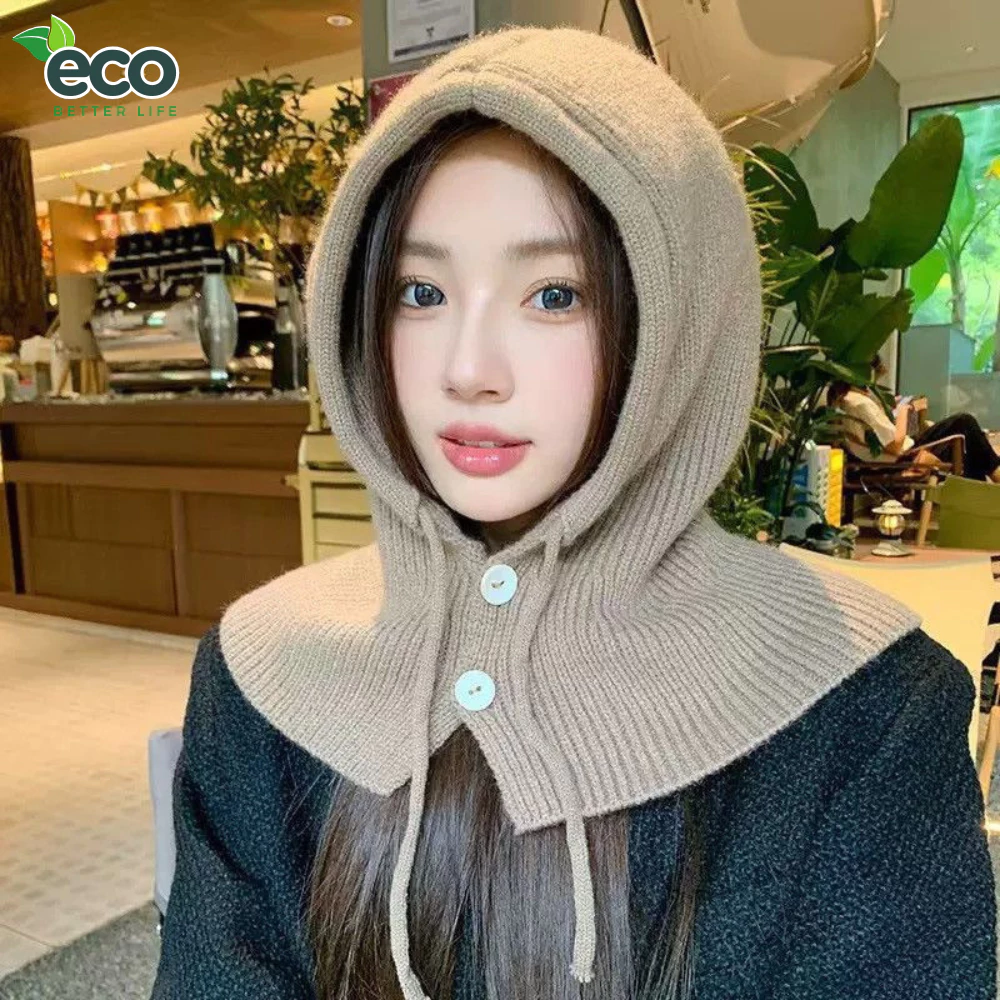 Mũ len trùm đầu nữ sợi len dệt cao cấp, Mũ choàng cổ 2 trong 1 giữ ấm mùa đông co giãn 4 chiều