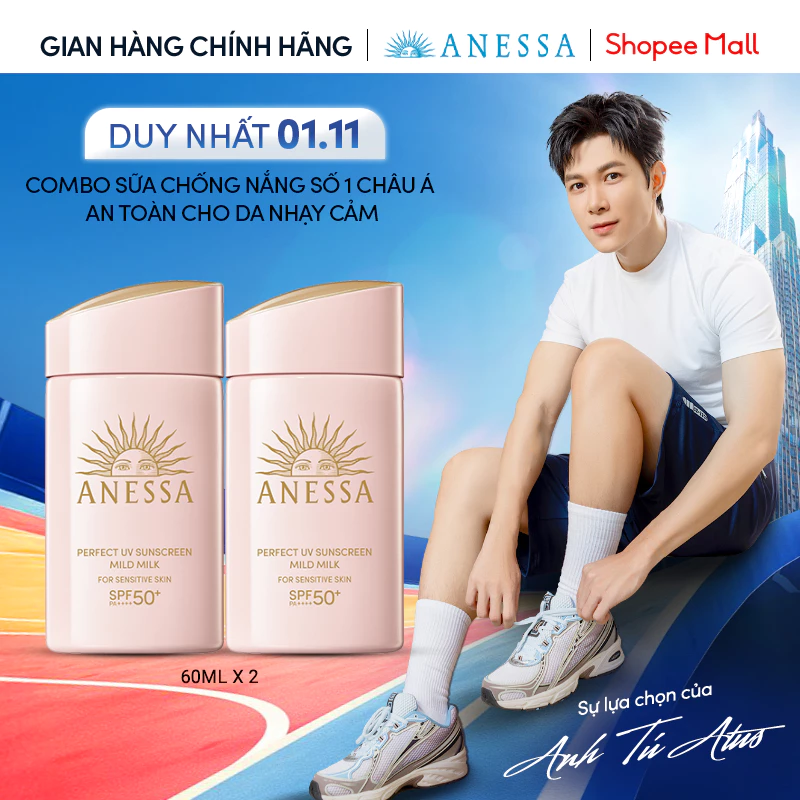 Combo Sữa chống nắng dưỡng da dịu nhẹ an toàn cho da nhạy cảm và trẻ em Anessa Mild Milk SPF50+ PA++++ 60mlx2