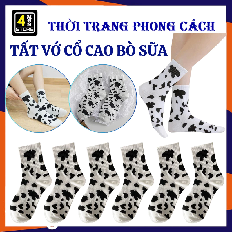 Vớ Thể Thao Họa Tiết Bò Sữa Trắng Đen Phong Cách Hàn Quốc Cho Nữ Sinh, Tất Cổ Cao Phong Cách Vintage