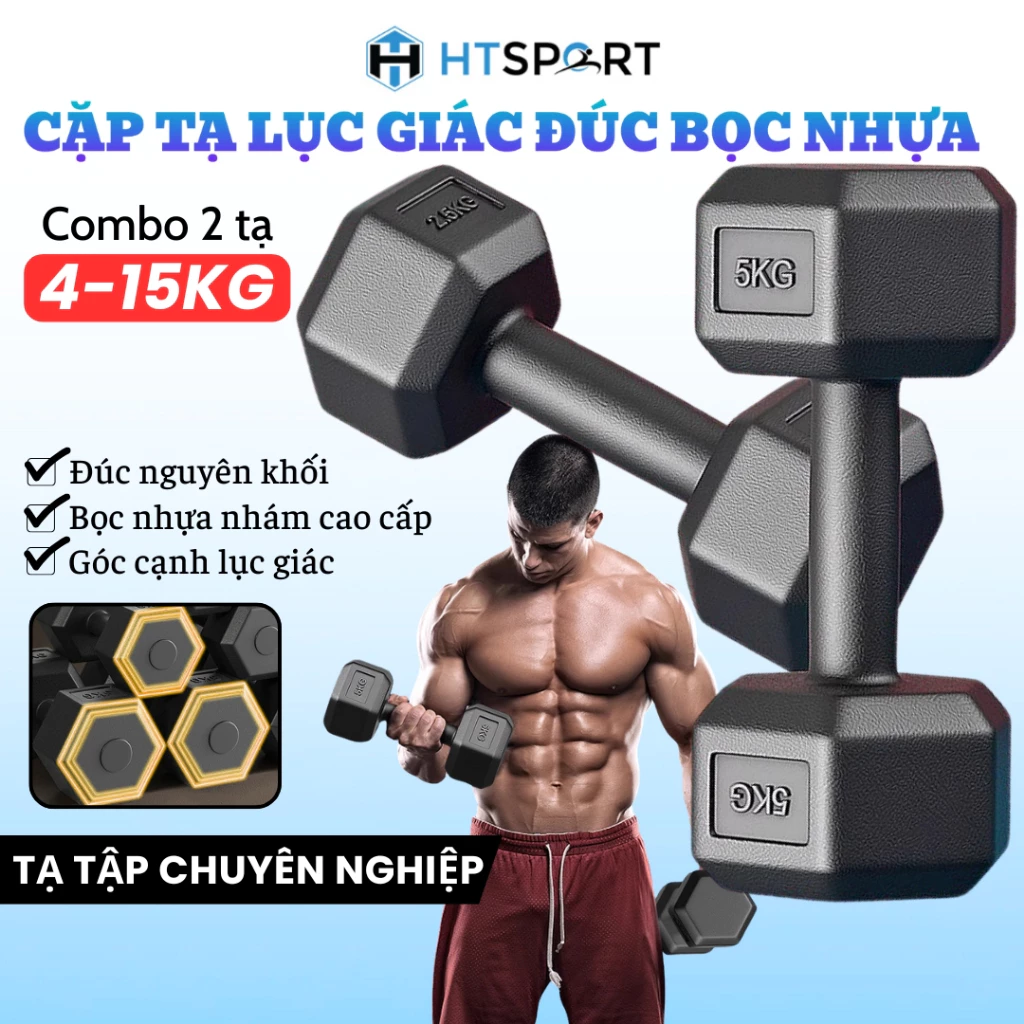 Bộ 2 Tạ Cầm Tay Lục Giác 4Kg - 15Kg Cao Cấp, Cặp Tạ Đúc Bọc Nhựa Nhám Tập Gym Thể Hình Tại Nhà