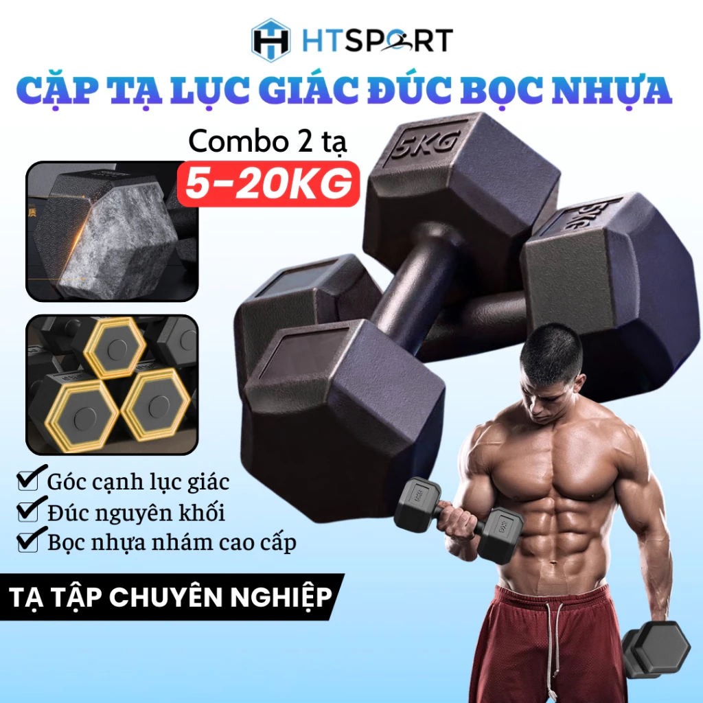 Cặp Tạ Lục Giác Cầm Tay Cao Cấp 5Kg - 20Kg, Bộ 2 Tạ Xi Măng Đúc Bọc Nhựa Tập Gym Thể Hình Tại Nhà