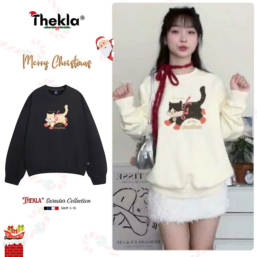 Áo Sweater Nỉ Lông Cáo Form Rộng Thekla In Hình Mèo Xinh Xắn BST227 Nhiều Màu Mềm Mịn Dày Dặn Giữ Ấm Mùa Đông