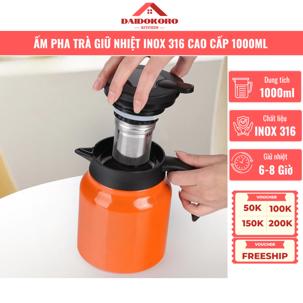 Ấm Pha Trà Giữ Nhiệt Cao Cấp Inox SUS316 Xịn 1000ml, Cách Nhiệt 5 Lớp Giữ Nhiệt Nóng Lạnh Cực Tốt