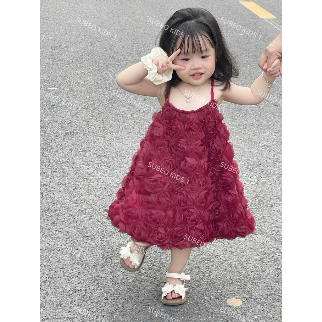 Váy đầm 2 dây sóng hoa hồng 3 màu, váy hai dây bé gái sang chảnh [8-40KG]_SB03