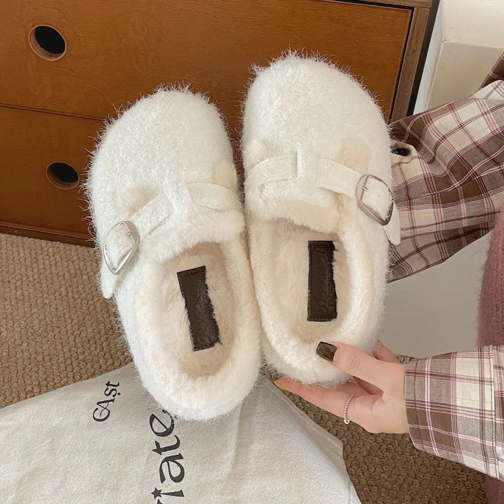 Dép Lông Nữ Đế Cao 6cm Có Khóa, Dép Sục Lót Lông Giữ Ấm Phong Cách Hàn Quốc