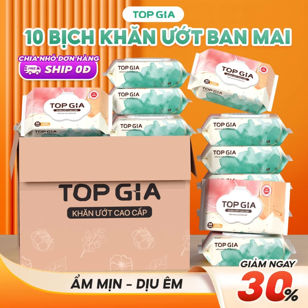 [MỚI] Khăn ướt cao cấp Topgia 80 tờ mềm mại, không cồn không mùi, không parabens dành cho mẹ và bé