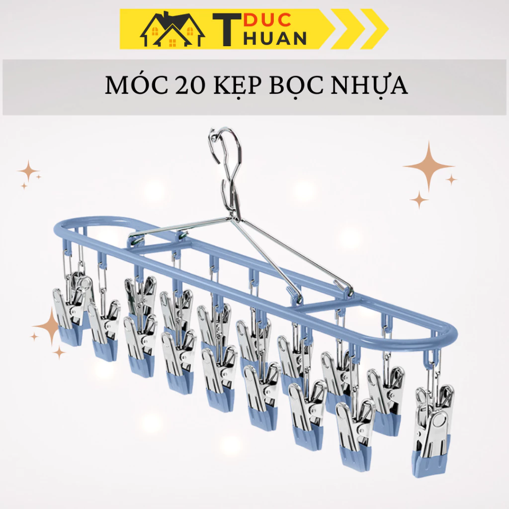 Móc bọc nhựa 20 kẹp​​ ​​Thép không gỉ, ​​Dụng cụ sắp xếp quần áo chống gió​​ DT HOME