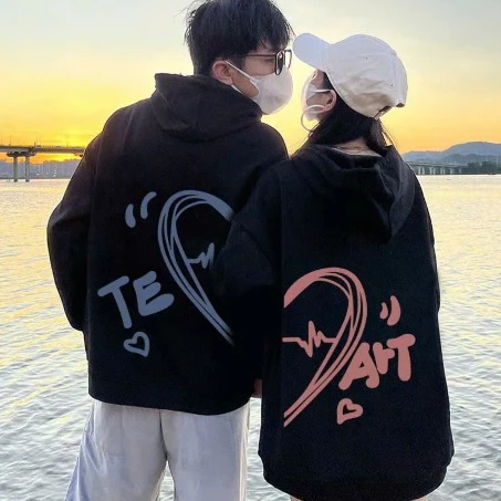 Áo hoodie nỉ bông in hình trái tim Te-Art xanh hồng cho các cặp đôi form unisex rộng đẹp