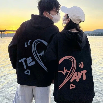 Áo hoodie nỉ bông in hình trái tim Te-Art xanh hồng cho các cặp đôi form unisex rộng đẹp