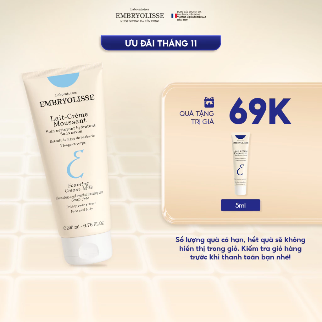 Sữa rửa mặt sạch sâu, cấp ẩm dịu nhẹ Lait-Crème Moussant Embryolisse 200ml
