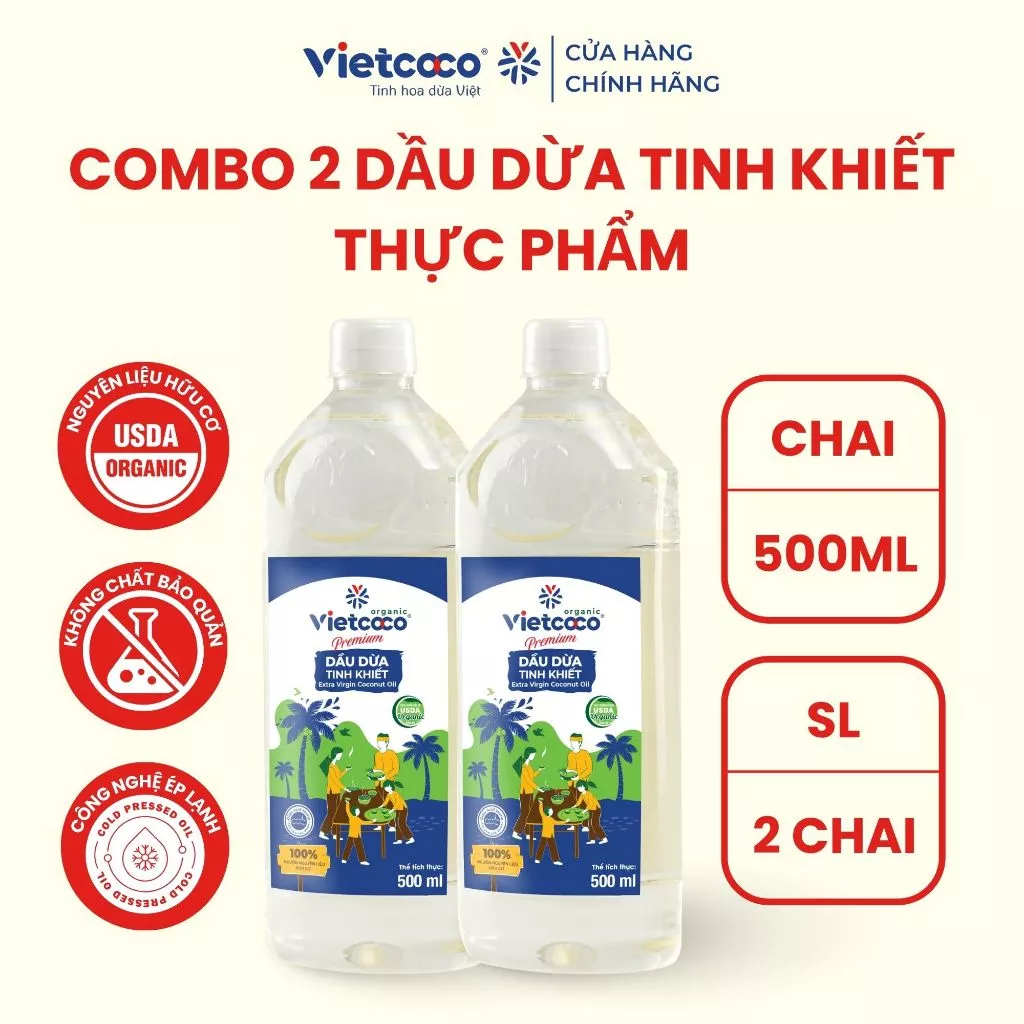 [COMBO 2 CHAI] Dầu dừa tinh khiết Organic Vietcoco (thực phẩm ) chai 500ml