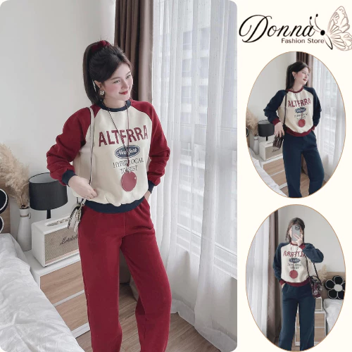 Set đồ nữ, đồ bộ nữ thu đông chất nỉ bông mềm mịn dáng thể thao phối 2 màu