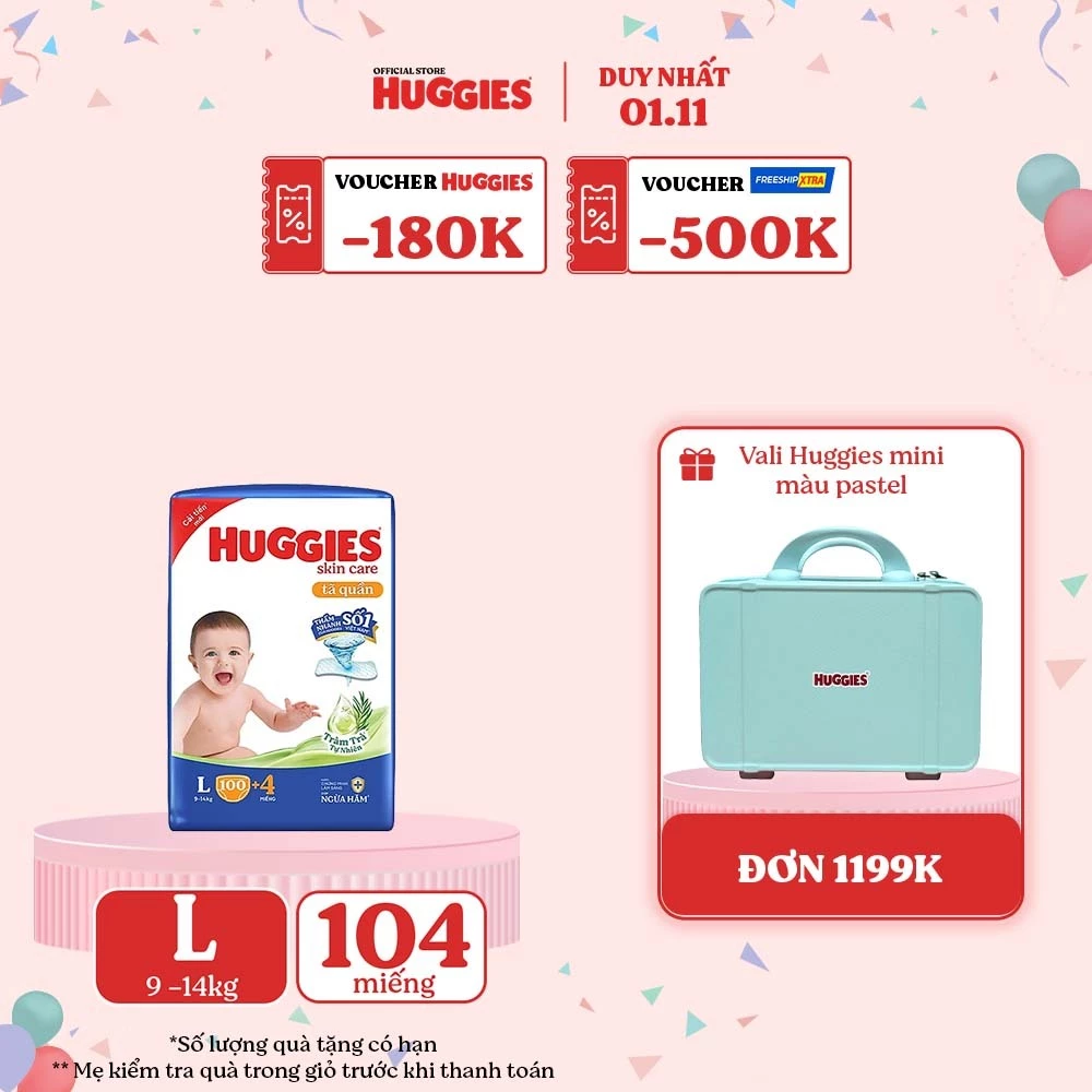 Tã quần Huggies Skincare Mega Jumbo M102+4/L100+4/XL84+4/XXL76+4