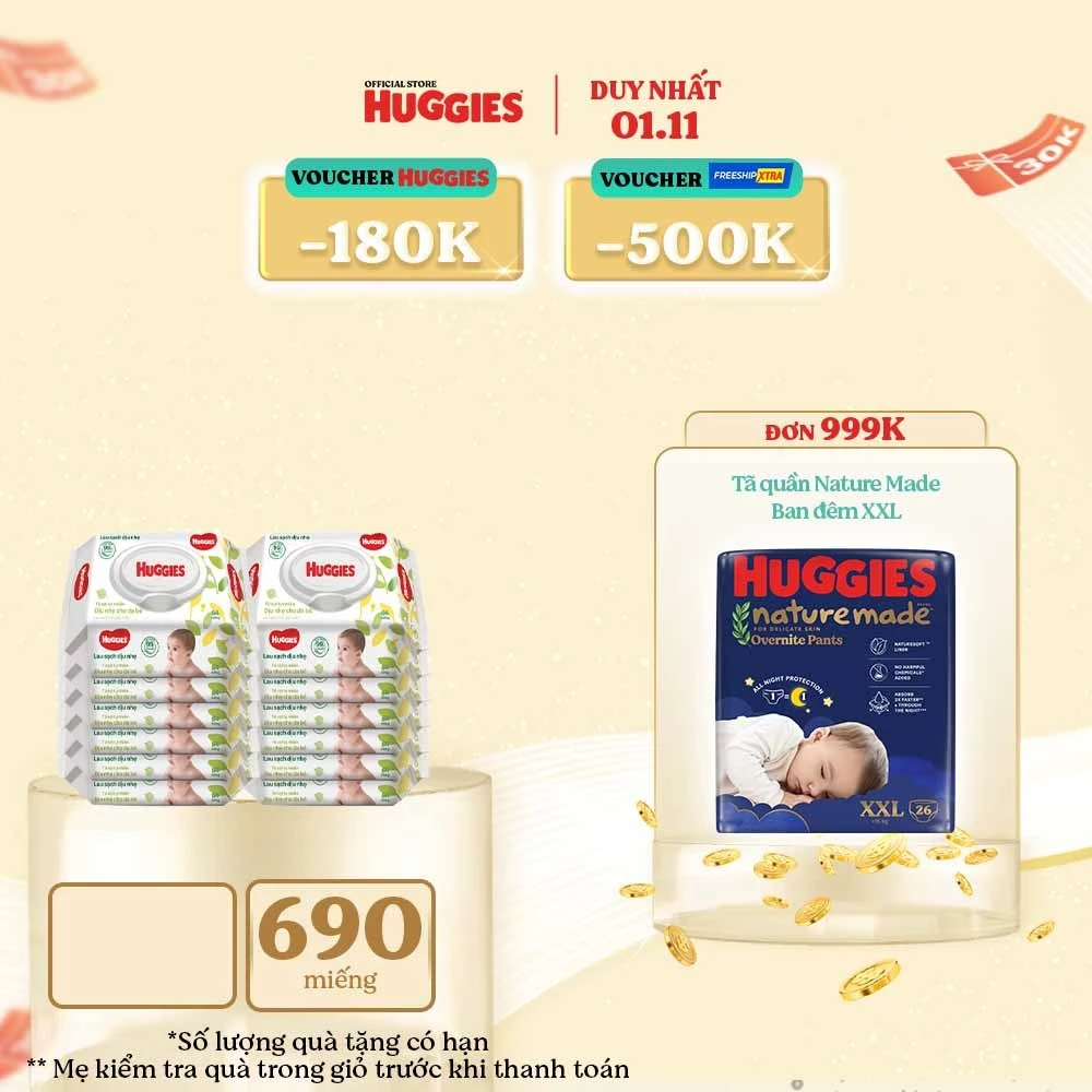 Thùng 12 gói Khăn ướt Huggies không mùi (80 miếng/gói)