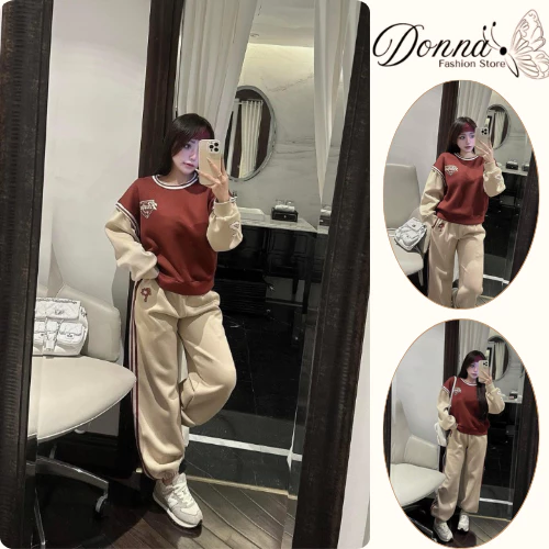 Set đồ nữ, đồ bộ nữ DONNA HCOM3715 thu đông chất nỉ bông phối viền kẻ sọc trẻ trung