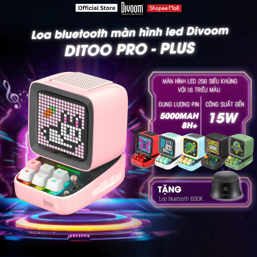 Loa Bluetooth DiToo Pro/ Plus Divoom, công suất đến 15W, màn hình LED 256 RGB 1.6 triệu màu đèn bàn phím - Chính hãng