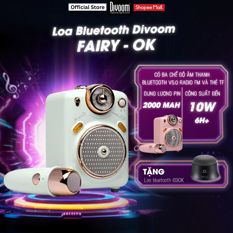Loa Bluetooth Karaoke Divoom Fairy-Ok công suất 10W kèm mic không dây, chất âm chân thực và sống động - BH 12 tháng