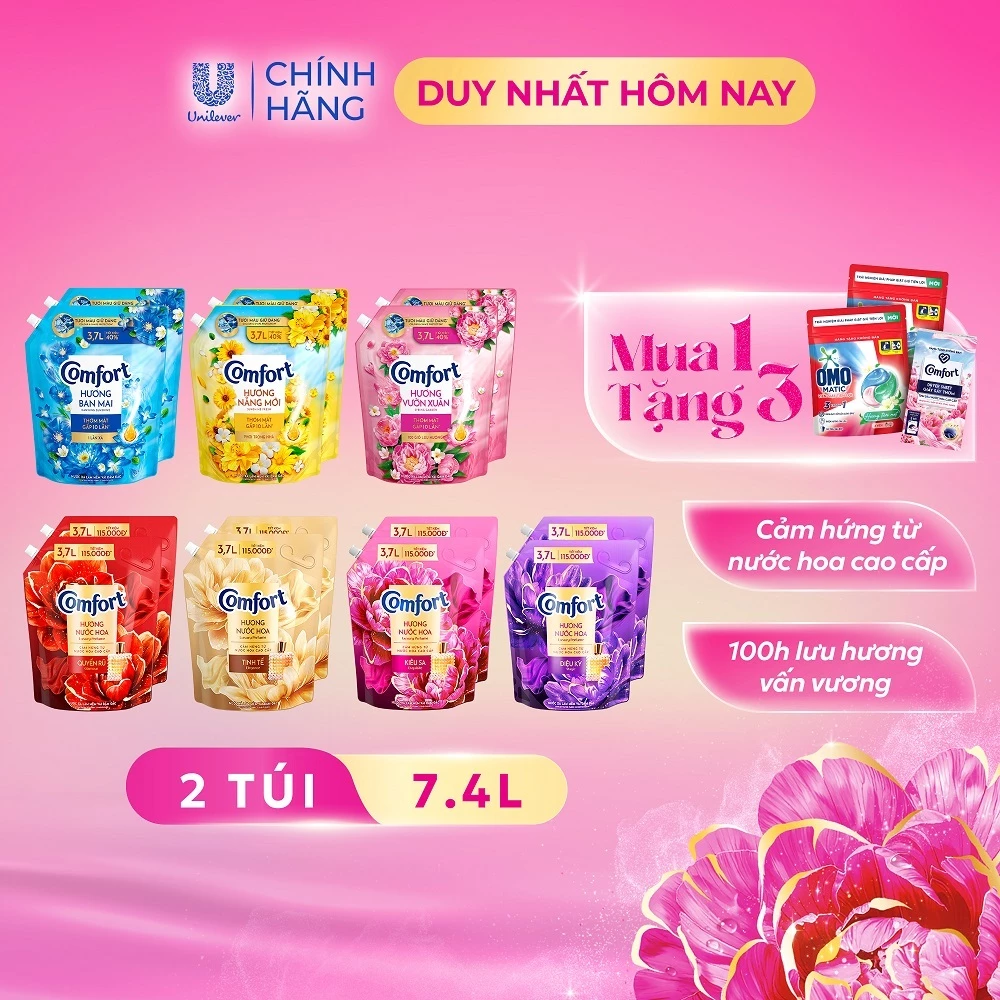 Combo 2 túi nước xả làm mềm vải Comfort Chăm sóc Chuyên sâu Đậm đặc Một lần xả túi 3,7L