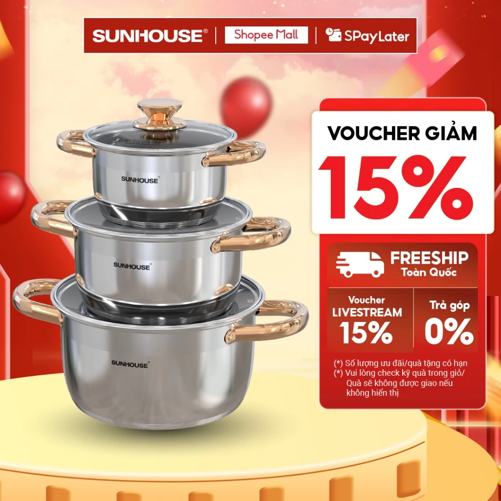 Bộ nồi inox 5 đáy Sunhouse SH781 - gồm 3 nồi với đường kính 16cm-20cm-24cm - Đáy từ dùng mọi loại bếp - 5 lớp đáy