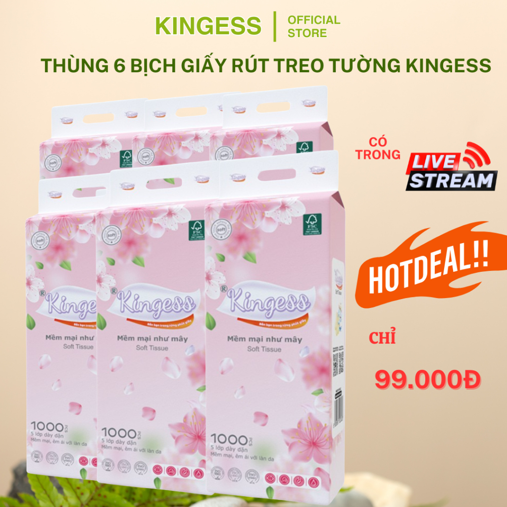 Thùng 6 bịch giấy rút treo tường Kingess 1000 tờ 5 lớp, giấy ăn làm từ bột gỗ tự nhiên