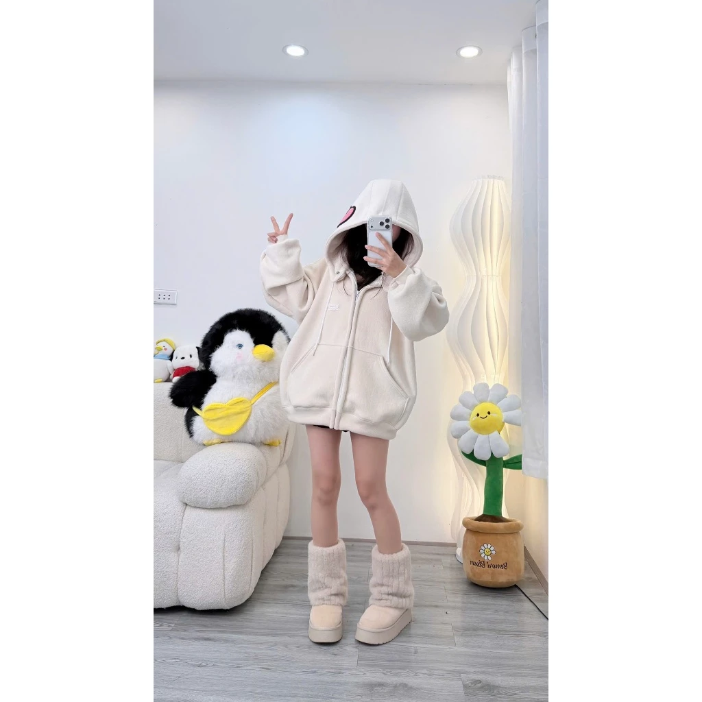 ÁO KHOÁC HOODIE ZIP MÀU KEM LOGO REN BASIC