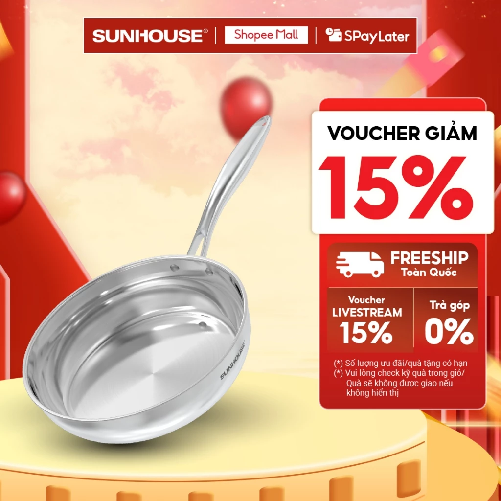 Chảo inox 304 đa lớp cao cấp SUNHOUSE IN20-24-26M6E - 3 lớp liền khối - Cán rỗng hạn chế bỏng