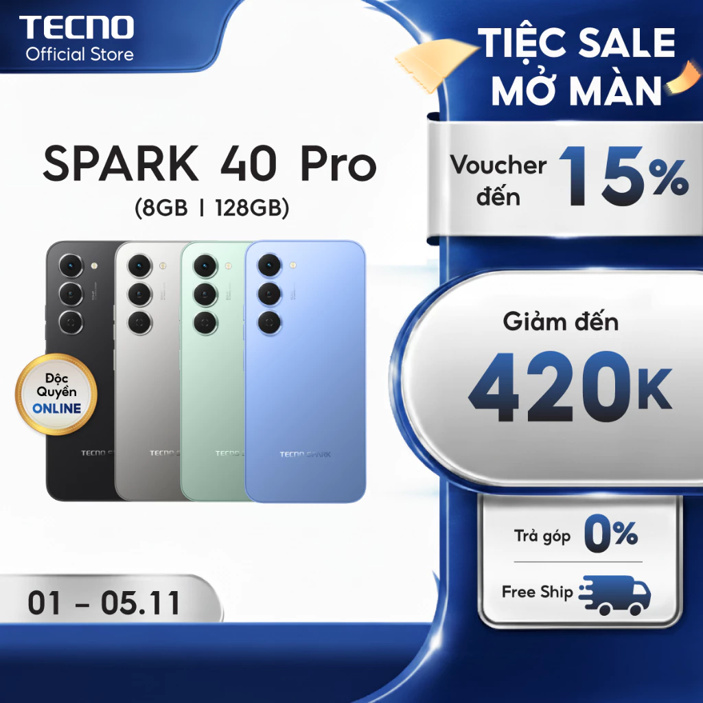 [Độc Quyền] Điện thoại TECNO SPARK 40 PRO (8+8)GB/128GB - Màn hình AMOLED 1.5K & 144Hz | Mỏng 6.69mm | 5200mAh sạc 45W