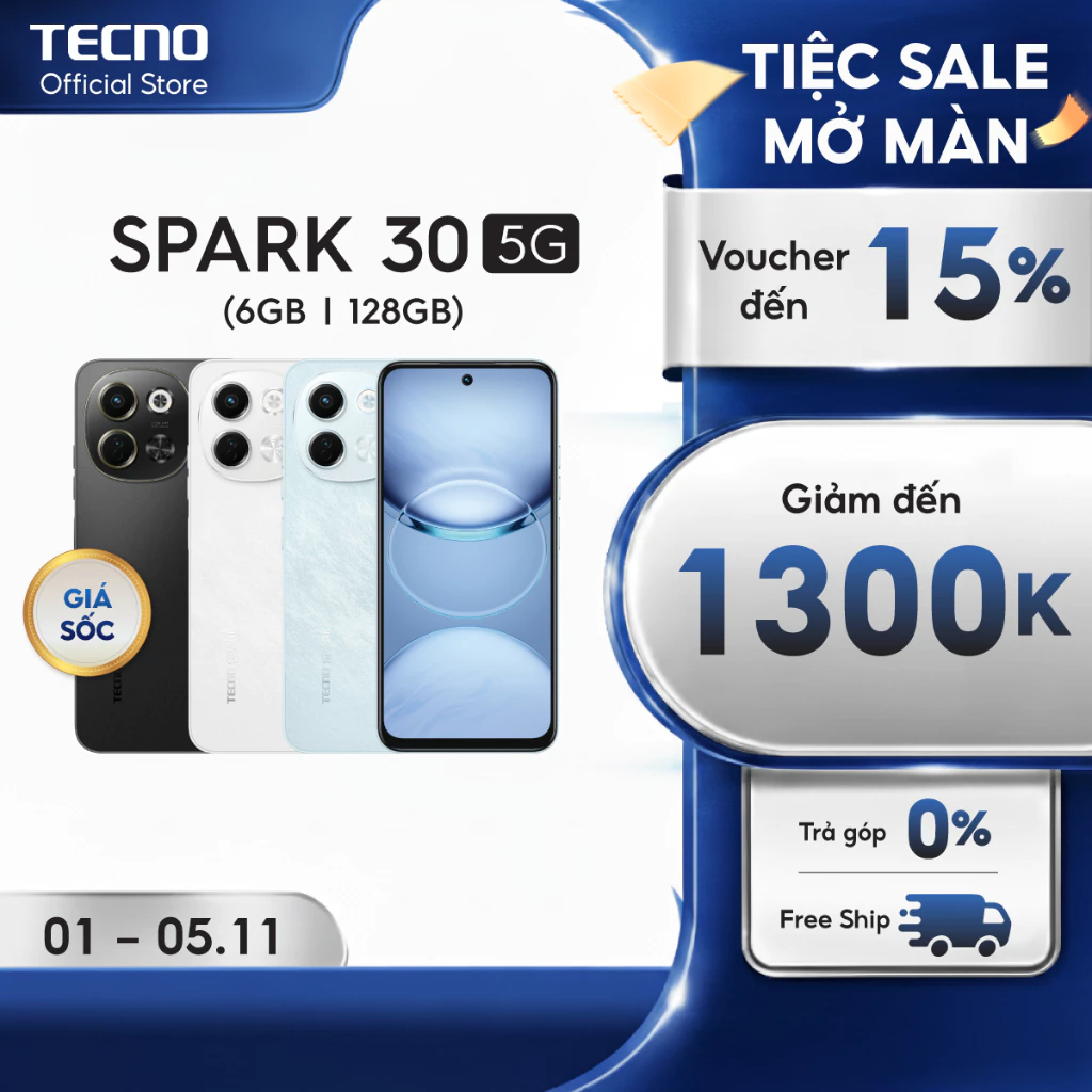 Điện Thoại Tecno Spark 30 5G | (6+6)GB/128GB | Camera 108MP | Màn Hình 6.67\" 120Hz |Chính Hãng
