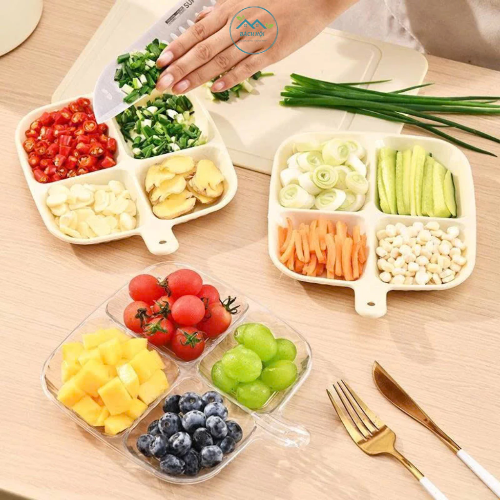 Khay Chia Gia Vị 4 Ngăn Đựng Nước Chấm Rau Củ, Đĩa Chia Ngăn Nhựa An Toàn Nhà Bếp