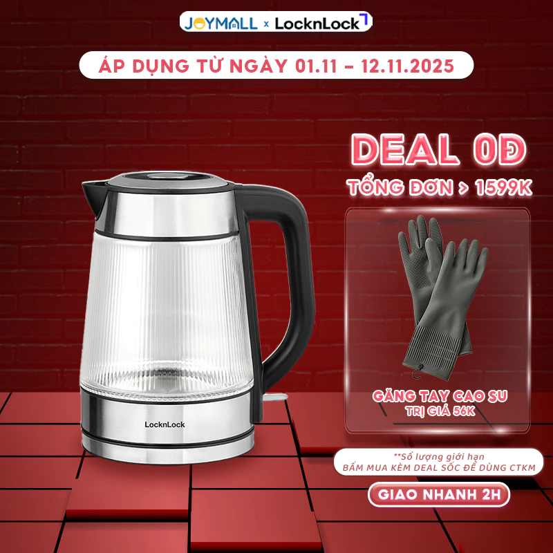 Ấm đun siêu tốc thủy tinh Locknlock EJK256BLK 1.8L , Hàng chính hãng, đèn led, lưới lọc  -JoyMall