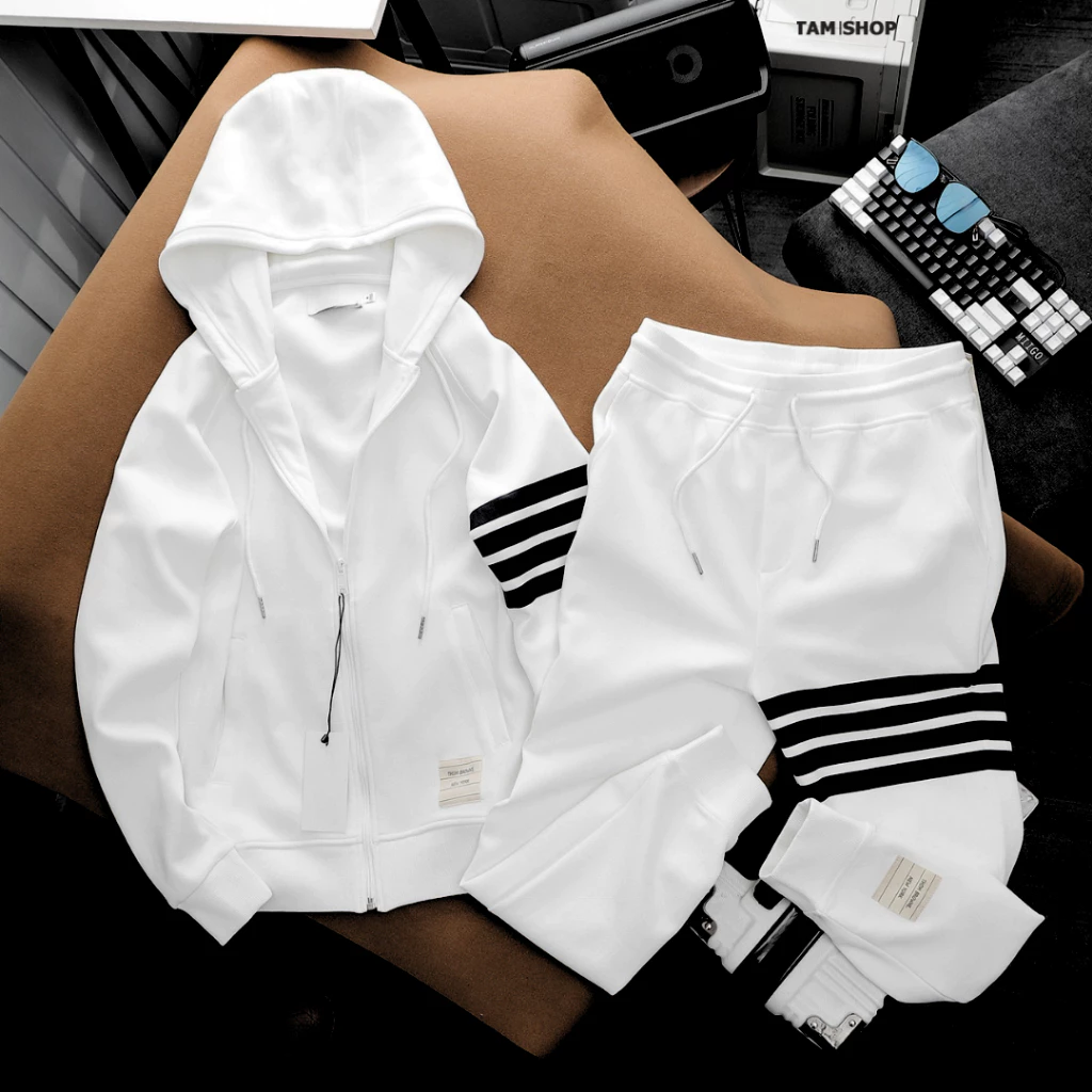 Bộ nỉ dày nam nữ mặc siêu ấm, set nỉ hoodie nam có mũ, quần áo thể thao phối viền thu đông - K1