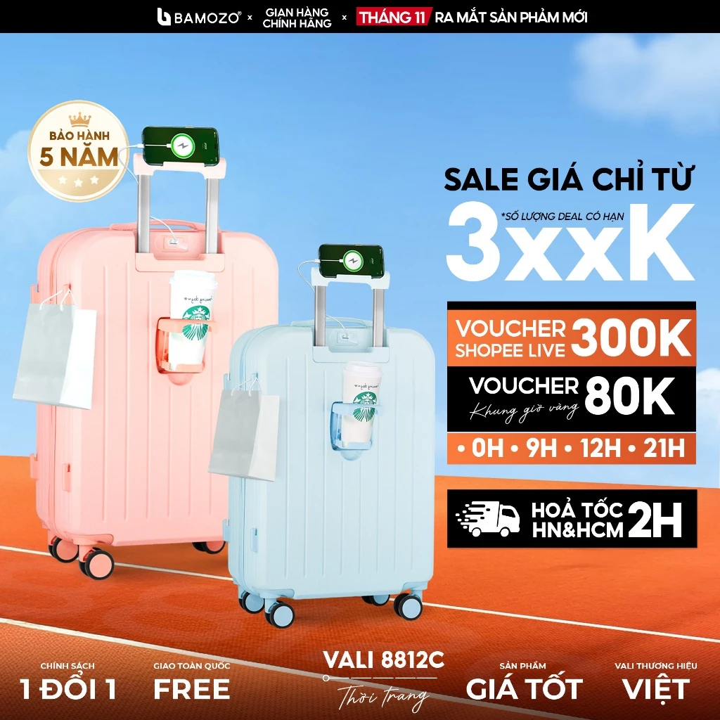 Vali Du Lịch Bamozo Thời Trang Size 20/24 Chất Liệu Nhựa ABS 3 Lớp Bền Đẹp_8812