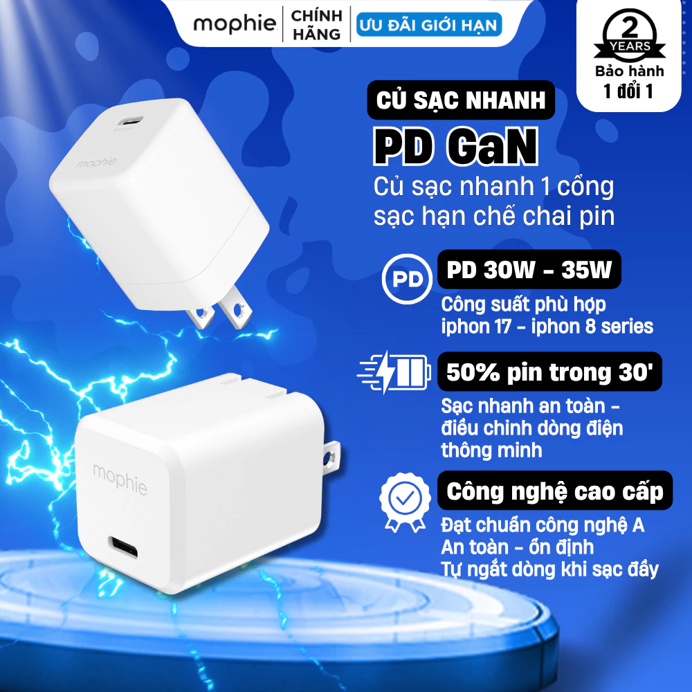[30W/35W/40W] Mophie Sạc 30/35/40w nhanh GaN Essentials dành cho iphone 17/16/15 đến ip 6 series - Bảo hành 24 tháng