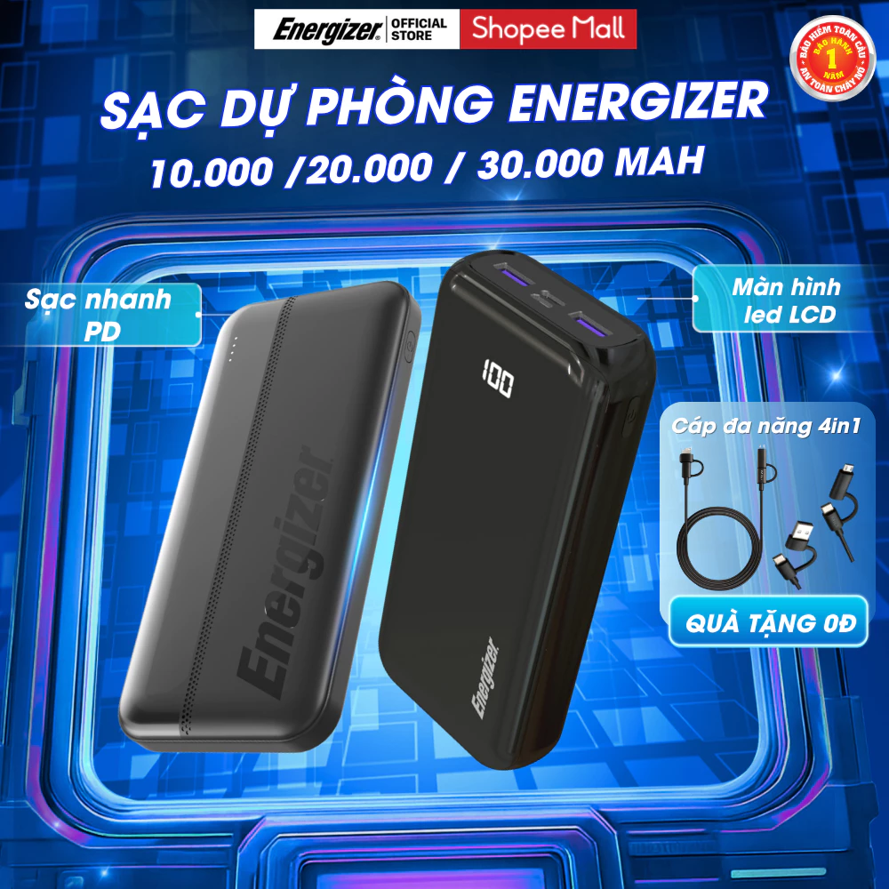 Pin sạc dự phòng cao cấp Energizer 10000mAh/ 20000mAh/ 30000mAh chính hãng - Hỗ Trợ Sạc Nhanh PD, Bảo hành đến 1 năm