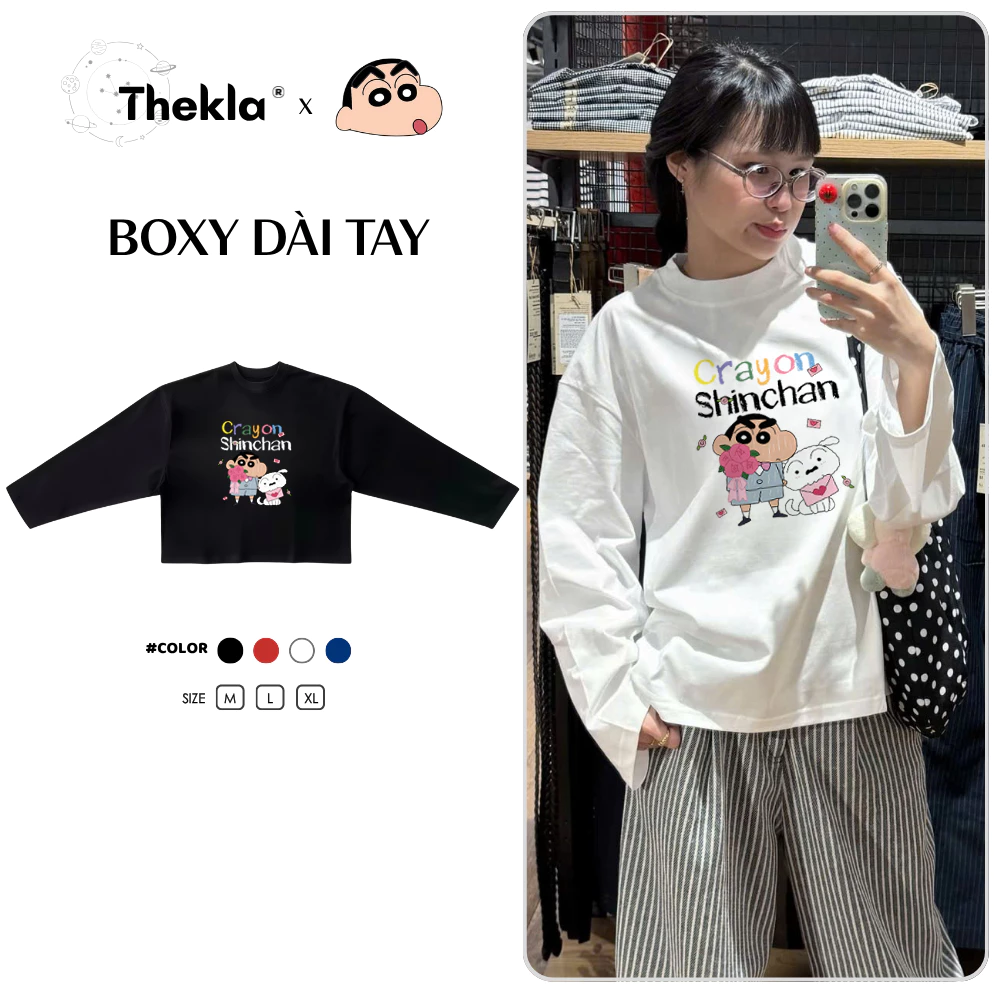 Áo Boxy Dài Tay THEKLA BST141 Shin Bút Chì - Áo Thu Đông Cotton 4 Chiều Dày Dặn Co Giãn Streetwear