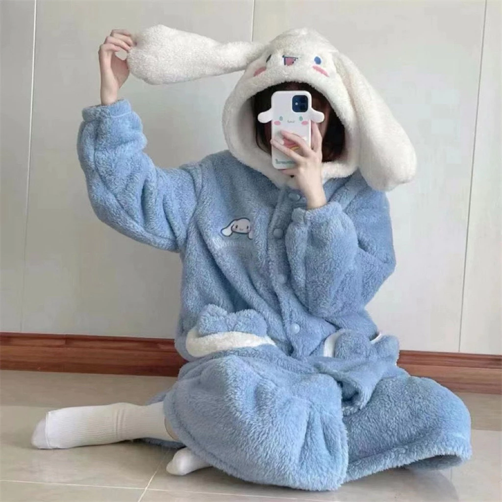 Áo Choàng Bông Tai Thỏ Dễ Thương Màu Xanh – Siêu Mềm Ấm Mặc Ở Nhà 💙🐰