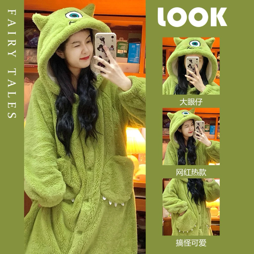 Áo Choàng Bông Quái Vật Mắt To Màu Xanh Lá – Siêu Ấm Dễ Thương 💚👁️