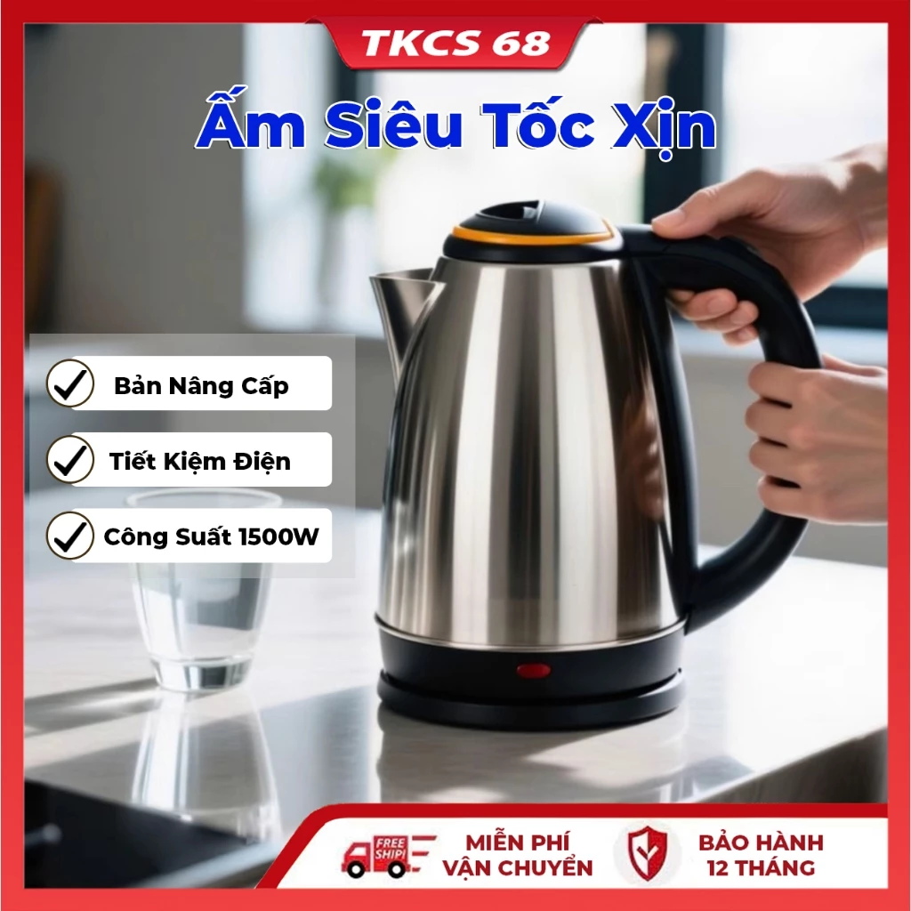 Ấm Siêu Tốc Đun Nước 1.8L, Chất Liệu Inox 2 Lớp, Tự Ngắt ,Sôi Nhanh Và Tiết Kiệm Điện Công Suất 1500W An Toàn Tiện Dụng