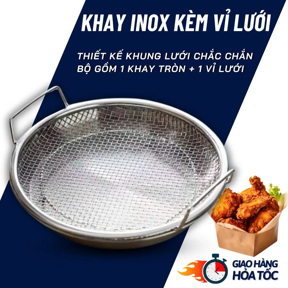 SET KHAY (ĐĨA) KÈM VỈ LƯỚI LỌC DẦU CHẤT LIỆU INOX 304 CAO CẤP, SIZE 20-22cm , DÙNG ĐỰNG THỰC PHẨM TIỆN DỤNG CHO NHÀ BẾP
