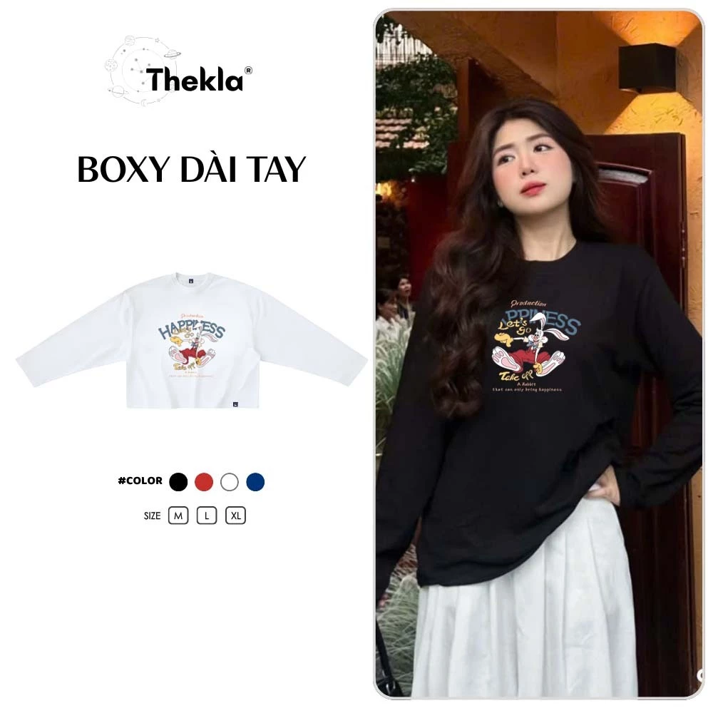 Áo Boxy Dài Tay THEKLA BST330 Thỏ Hạnh Phúc - Áo Thu Đông Cotton 4 Chiều Dày Dặn Co Giãn Streetwear