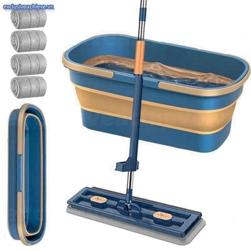 Chổi Lau Nhà Tự Vắt Thông Minh,Bộ Lau Nhà Tự Vắt Kèm 4 Bông Lau, Chổi Lau Nhà Kèm Chậu Gấp Gọn