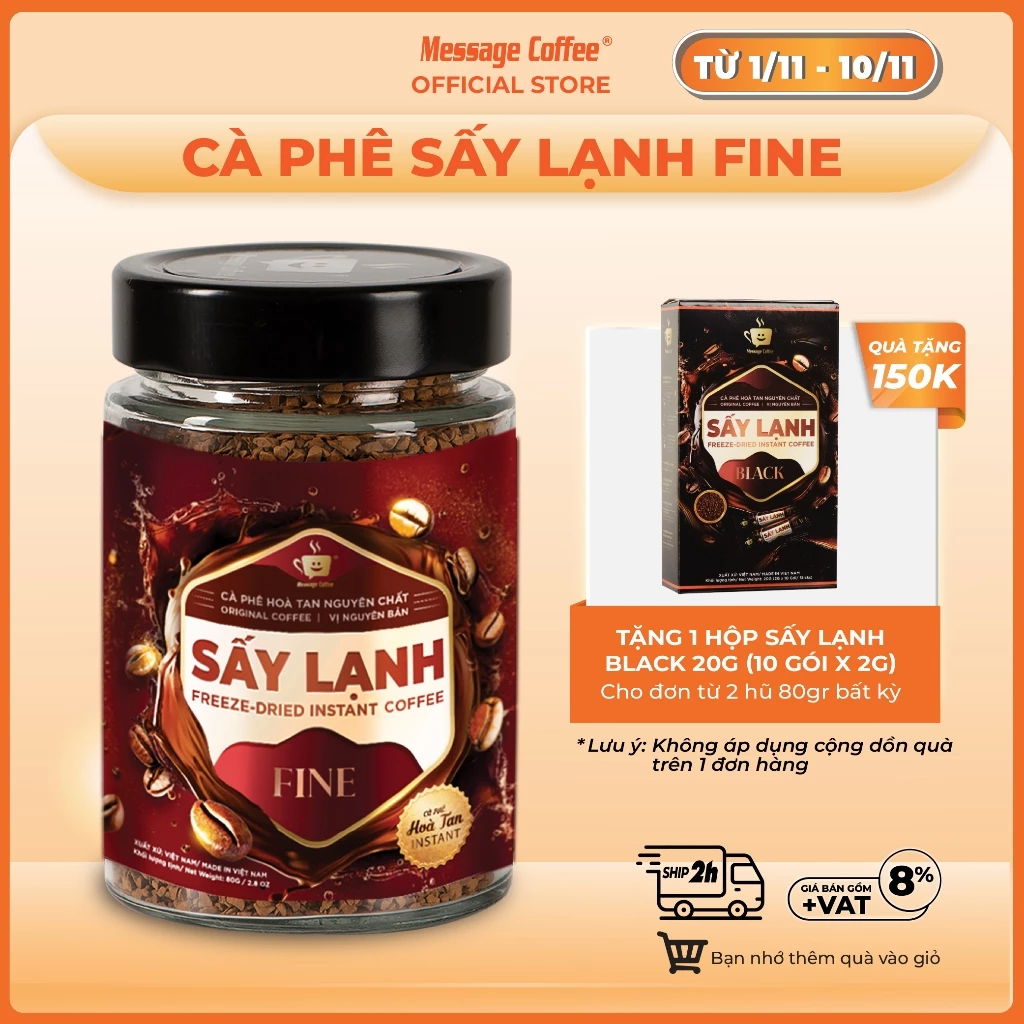 Cà Phê Hòa Tan Sấy Lạnh FINE Cao Cấp, tinh chất cafe rang xay nguyên chất, tiện lợi, dùng liền từ Message Coffee