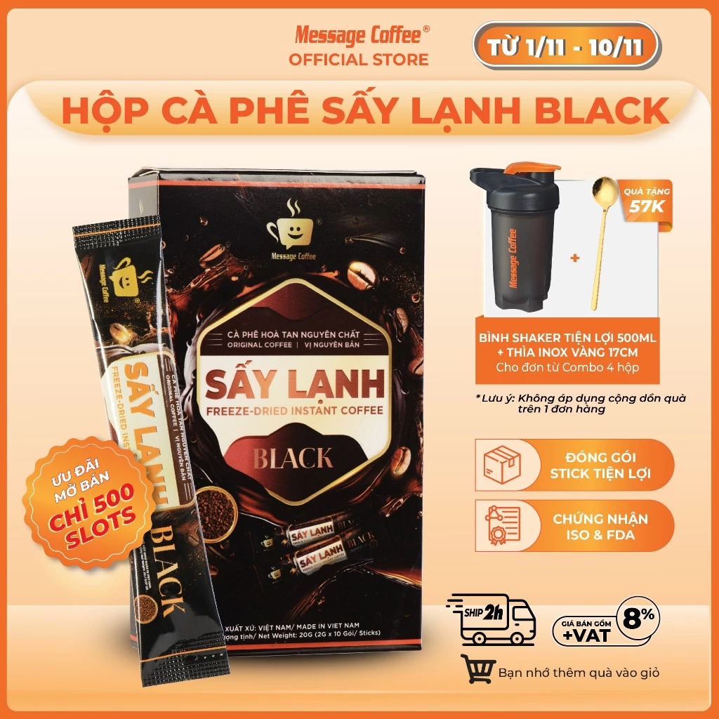Cà Phê Hòa Tan Sấy Lạnh BLACK Message Coffee, tinh chất cafe rang xay nguyên chất đóng gói dạng stick tiện lợi