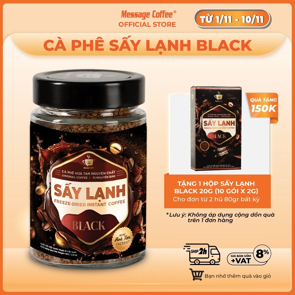 Cà phê BLACK Hòa Tan Sấy Lạnh Gu Đậm Đà, tinh chất cafe rang xay nguyên chất, tiện lợi, dùng liền từ Message Coffee