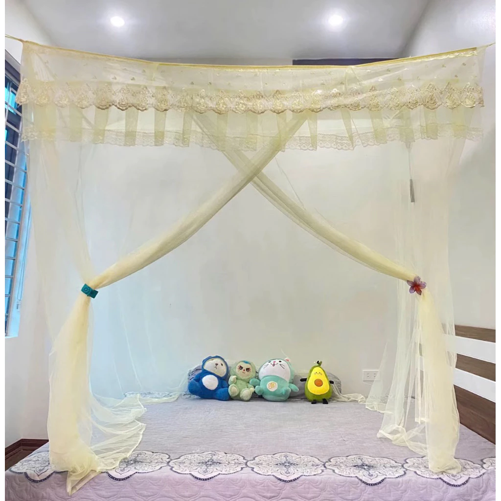Mùng tuyn mắc 4 góc, ren ánh thêu hoạ tiết Hoa Mai, Mùng mắt nhỏ đầy đủ kích thước 1m6x2m, 1m8x2m, 2mx2m2
