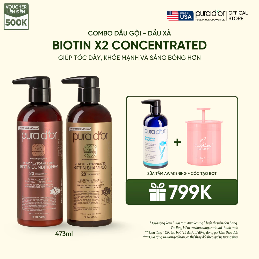 Combo Gội - Xả Pura D'or Biotin X2 Concentrated Giúp Tóc Dày, Khỏe Mạnh và Sáng Bóng Hơn 473ml